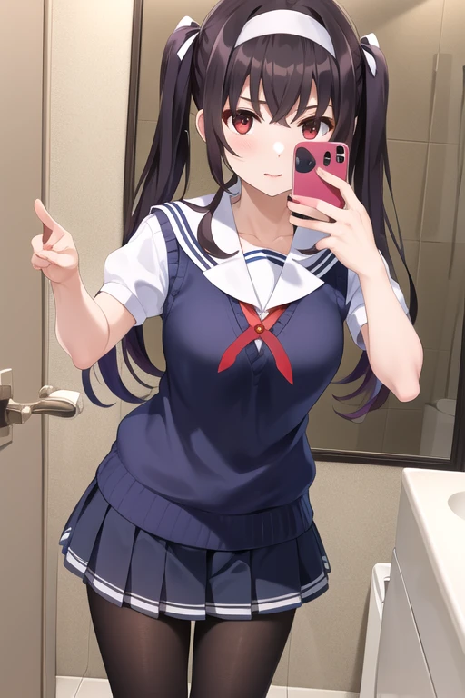 masterpiece, best quality, highres, aautaha, llong twintails hair, black hair, hairband, , sailor collar, sweater vest, blue sweater, white shirt, short sleeves, pleated skirt, blue skirt, (black pantyhose:1.2), selfie in mirror, bathroom,