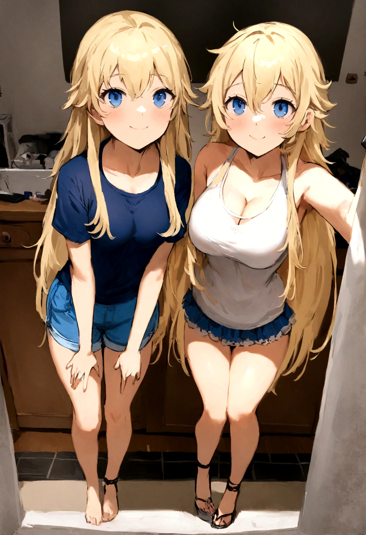 A 23-year-old blonde woman, ((pechos grandes)), ((hiperrealismo)) ,. blonde hair with light brown roots. blue eyes blue eyes. cabello rubio, Hair with brown roots, cabello extra largo, cabello muy largo, really long hair, Beautiful, , photo taken with iPhone, in front of the amazonian with a beautiful push up tee shirt ,high quality, full body, iPhone, cleavage