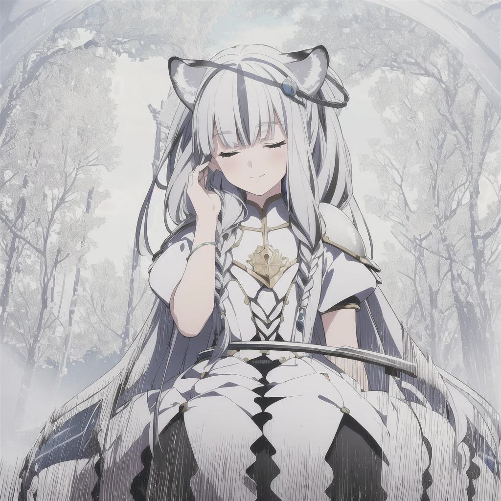((masterpiece)), (best quality), (ultra-detailed), photorealistic, (best illustration), ((an extremely delicate and beautiful)), 1girl, solo, long hair, tiger ears, [:tiger tail under:0.2], white hair, two-tone hair, full body, long blue cape, (Alternative outfit:1), platinum armor, cross-laced, standing, closed eyes, smile, black skirt, short sleeves, detailed scenery, blue sky, horizon, low twin braids, twin braids, hair ornament, bracelet, (knight outfit:0.9), blush, no helmet, Cute but Formidable, girl knight, armor on body. 