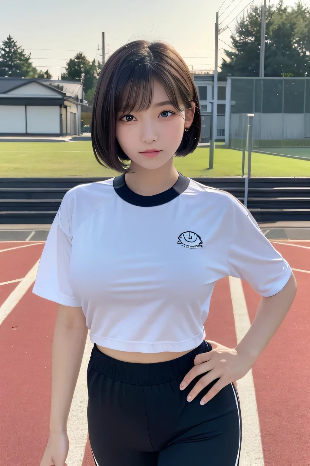 Best quality, masterpiece, ultra high res,, raw photo, Perfect, softlight, 20 years old mature woman, japanaese famous idol:1.25 ,Beautuful Women ,a small face, smile, cute, cute face, Short hair, skinny body ,Sweat ,wet, dirty with mud , T-shirt ,standing ,leaning forward ,arched back, ,hand on hips, crotch grab ,face focus ,from above ,look at viewer