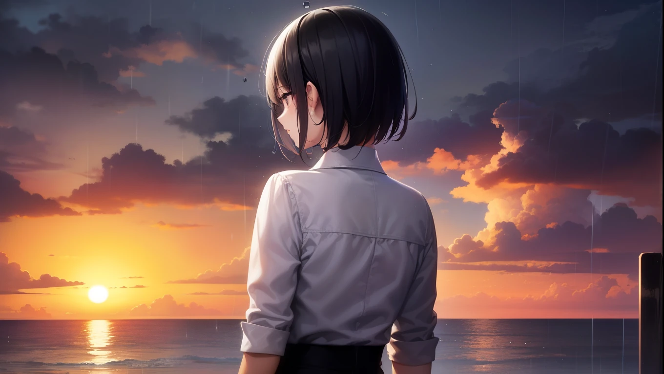 back view、White shirt(masterpiece,highest quality), Intricate details, 8k, Sandy Beach、sunset、evening、rain、Black Hair、Korean、Bobcut、Woman's back view