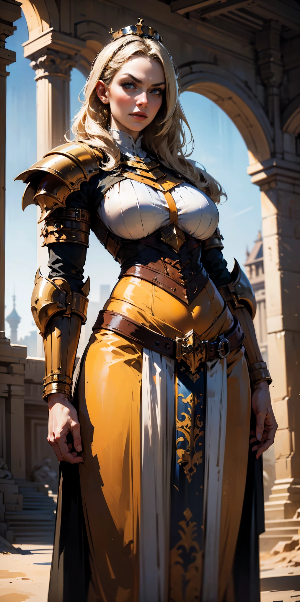 (masterpiece, best quality), intricate details, 1girl, squeenp, blonde hair, blue eyes, crown, shaded face, looking down, from below, evil grin, angry, armor, cross, pauldrons, skulls, cowboy shot, pelvic curtain, huge knockers ((very precise detailed)) ((high res)