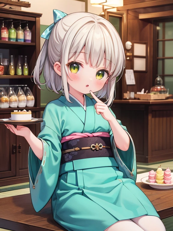 masterpiece, highest quality, Very detailed, 16k, Ultra-high resolution, Cowboy Shot, Detailed face, Perfect Fingers, 18-year-old female,  Inside the sweet shop, Cute kimono-like outfit, table, Chair, Carry dishes, lora:chiya_v3:1