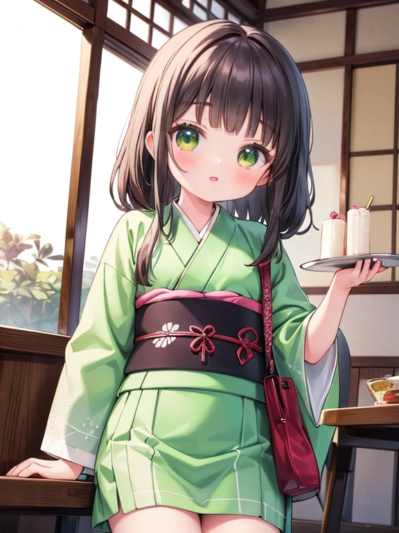 masterpiece, highest quality, Very detailed, 16k, Ultra-high resolution, Cowboy Shot, Detailed face, Perfect Fingers, 18-year-old female,  Inside the sweet shop, Cute kimono-like outfit, table, Chair, Carry dishes, lora:chiya_v3:1