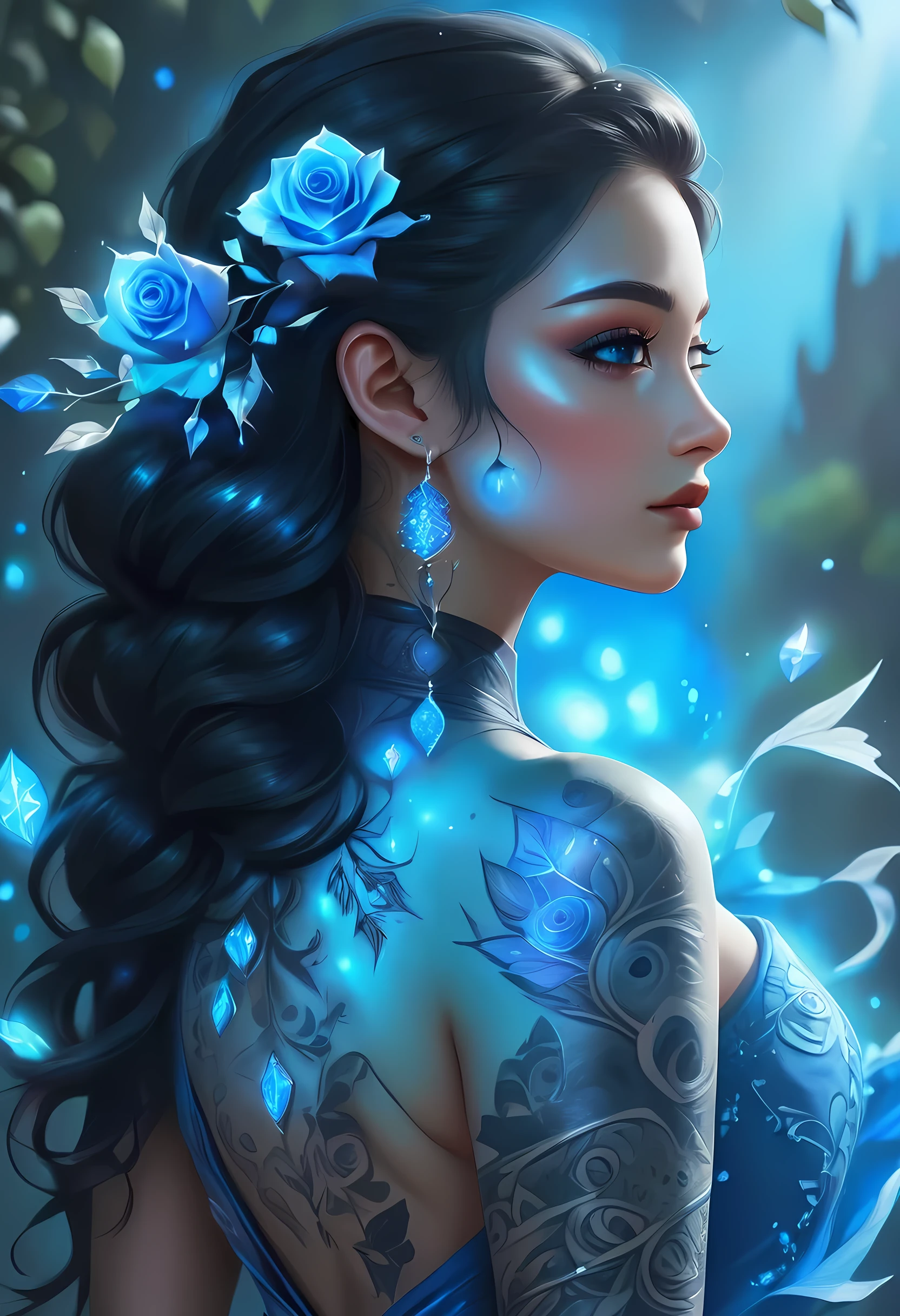 Arafed, Dark fantasy art, fantasy art, goth art, a picture of a tattoo on the back of a female elf, of  glowing tattoo of a ((blue: 1.3)) the rose tattoo is vivid, intricate detailed coming to life rose from the ink to real life, , thes, AlchemyPunkAI, shoot taken from the back, ((the back is visible: 1.3), she wears a transparent dress that the tattoos glow, crystalline dress