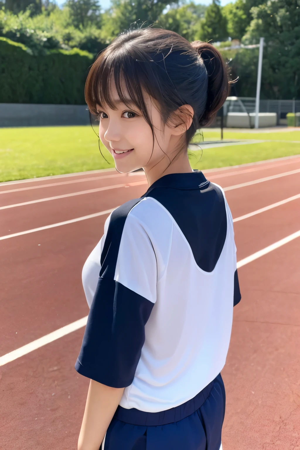 (1 Girl)、(Beautiful Japanese、18years old,round face、Refreshing、clear、seems kind、stylish、Pitiful、cute like an angel、cute、black eyes、,actress,Almond-shaped eyes,Translucent white skin、Beautiful skin), Good style , (((Beautiful big breasts:0.8))),(((soft breasts))),(very cute),(Black hair),(short bob hair),(enchanting eyes),(highlight on eyes:1.2)、(8K、Live shooting、highest quality、masterpiece:1.2、optimal lighting)、((masterpiece)),(Photo taken by a professional photographer),(real、photo real:1.4),break,{ ((((Japan School Gym Clothes)))),(Ugly gym clothes),(Training shirt、Training pants)},(cheeks are red:1.3), break, break,(high school)、Japanese school、(((Schoolyard)))、(((smile))),evening,Track and field club、Back view、Walking