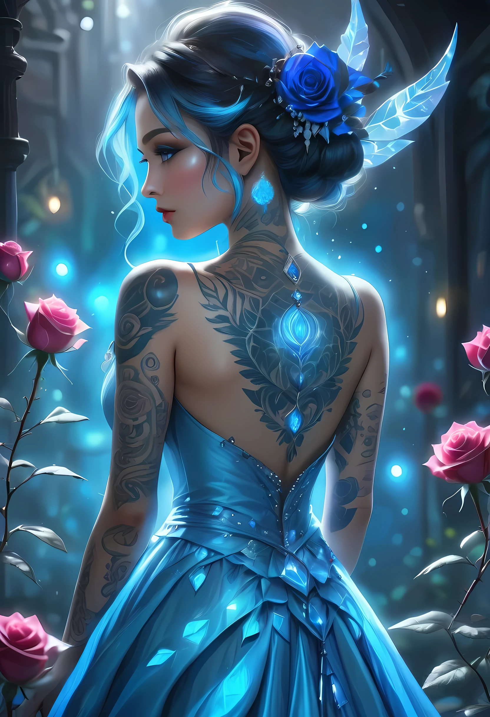 Arafed, Dark fantasy art, fantasy art, goth art, a picture of a tattoo on the back of a female elf, of  glowing tattoo of a ((blue: 1.3)) the rose tattoo is vivid, intricate detailed coming to life rose from the ink to real life, , thes, AlchemyPunkAI, shoot taken from the back, ((the back is visible: 1.3), she wears a transparent dress that the tattoos glow, crystalline dress