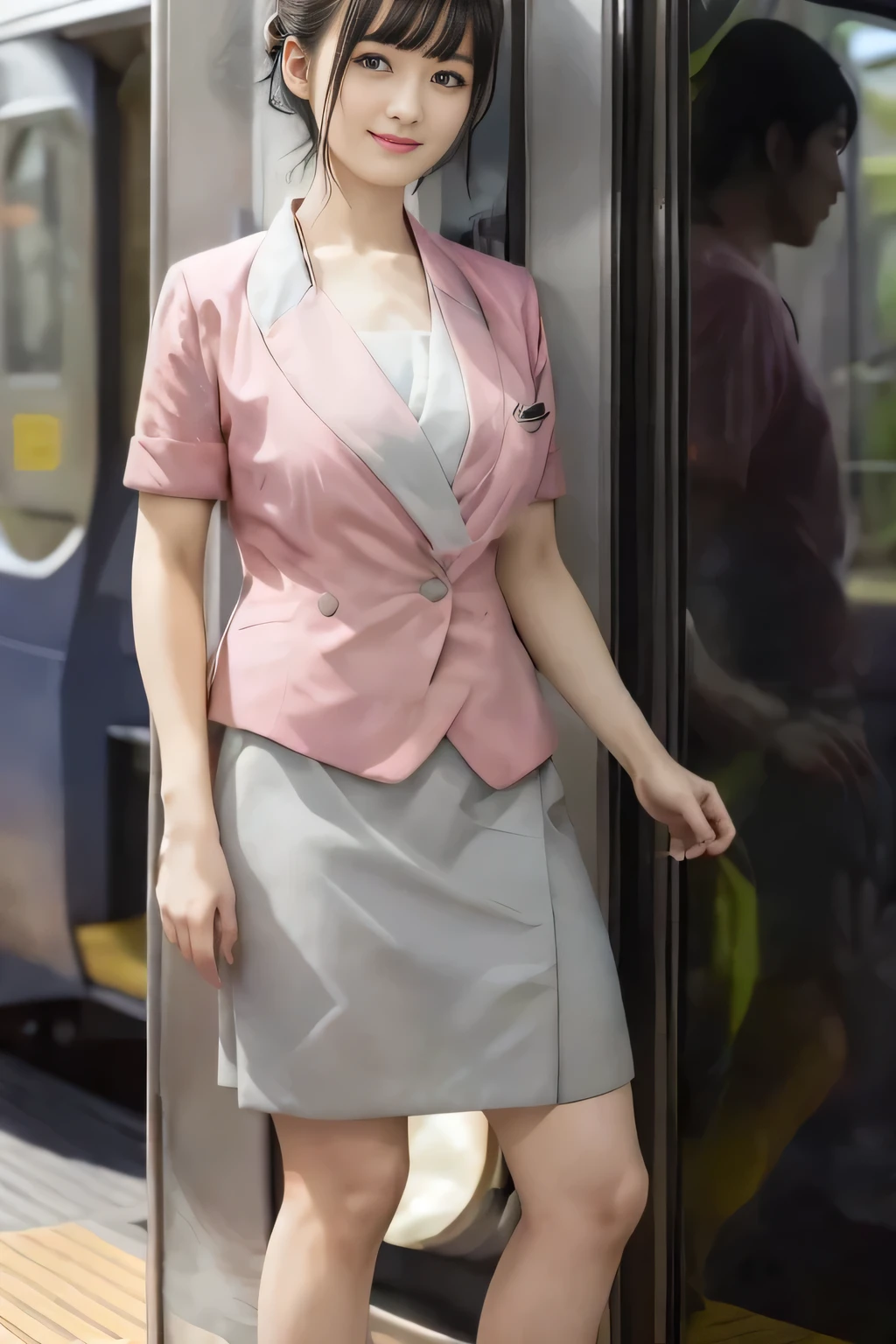 (masterpiece:1.2, highest quality:1.2), 32K HDR, High resolution, (alone、1 girl)、（At the station platform in the afternoon、Professional Lighting）、Background of an empty station platform、（Nankai train crew uniform pinkを着たリアルスタイル）、（Nankai train crew uniform pink short sleeve pink jacket、Nankai Train Crew Uniform Pink Collarless Short Sleeve Blouse、Nankai Train crew uniform pinkのグレー色のキュロットスカート）、Scarf around the neck、Dark brown hair、（Hair tied up、Hair Bun、Hair Bun）、Dark brown hair、Long Shot、Big Breasts、Thin legs、（（Great hands：2.0）），（（Harmonious body proportions：1.5）），（（Normal limbs：2.0）），（（Normal finger：2.0）），（（Delicate eyes：2.0）），（（Normal eyes：2.0））)、smile、（Nankai Train crew uniform pinkのグレー色のキュロットスカートを見せた美しい立ち姿）、Operating the door、I have nothing in my hands