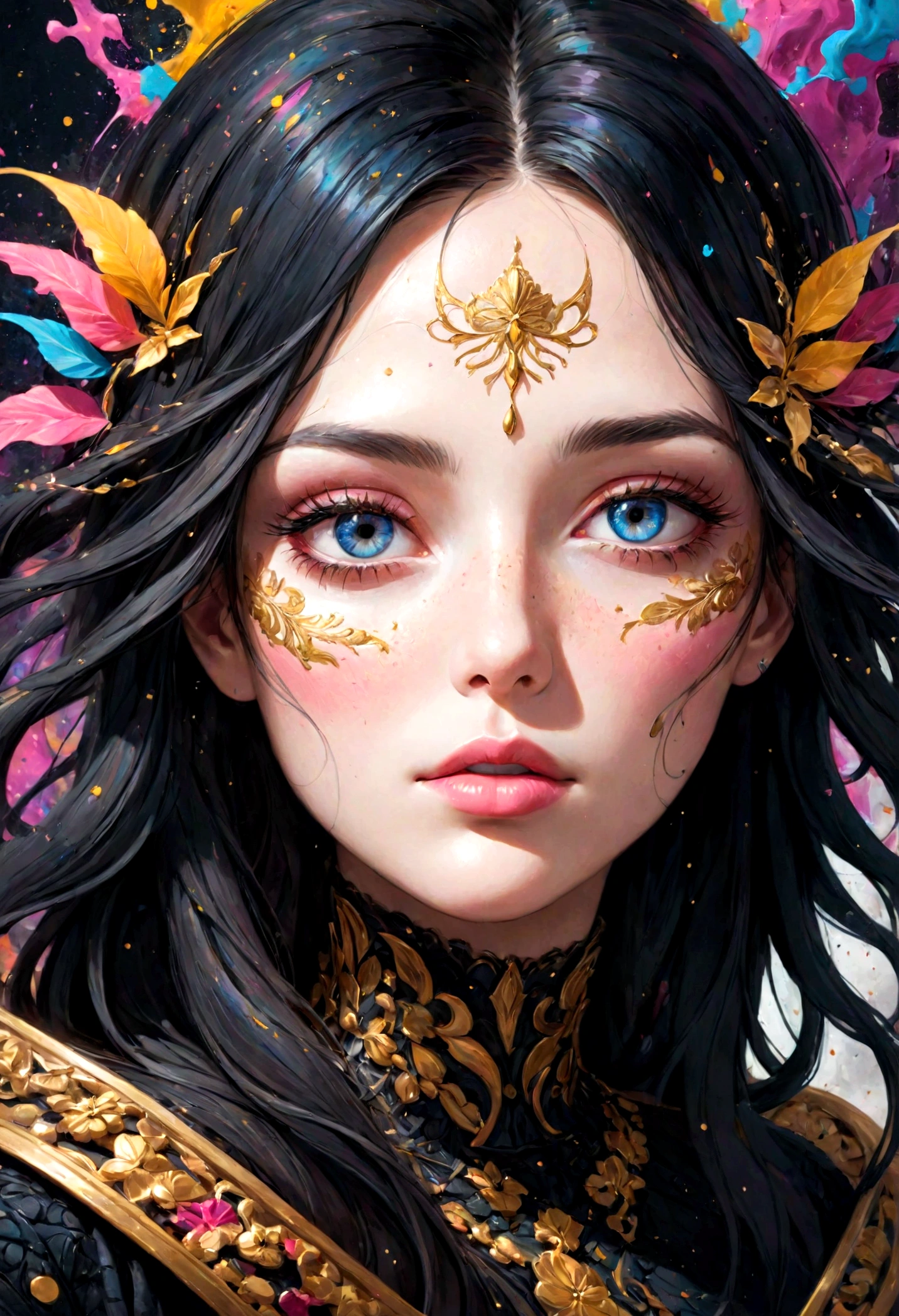 A captivating, dark fantasy portrait featuring a vibrant colorful abstract close-up of a face. The subject's eyes and lips are highlighted with gold accents, offering a serene expression. The illustration is a mix of splashes, splatters, and speckles, creating a mesmerizing texture. The face appears to be made of smoke or mist, giving it a ghostly and ethereal quality. The background is dark, emphasizing the intricate details of the subject. The composition, created by the artist Supersy, has a cinematic and elegant aesthetic, perfect for a poster or illustration., vibrant, photo, illustration, dark fantasy, cinematic, painting, poster, portrait photography