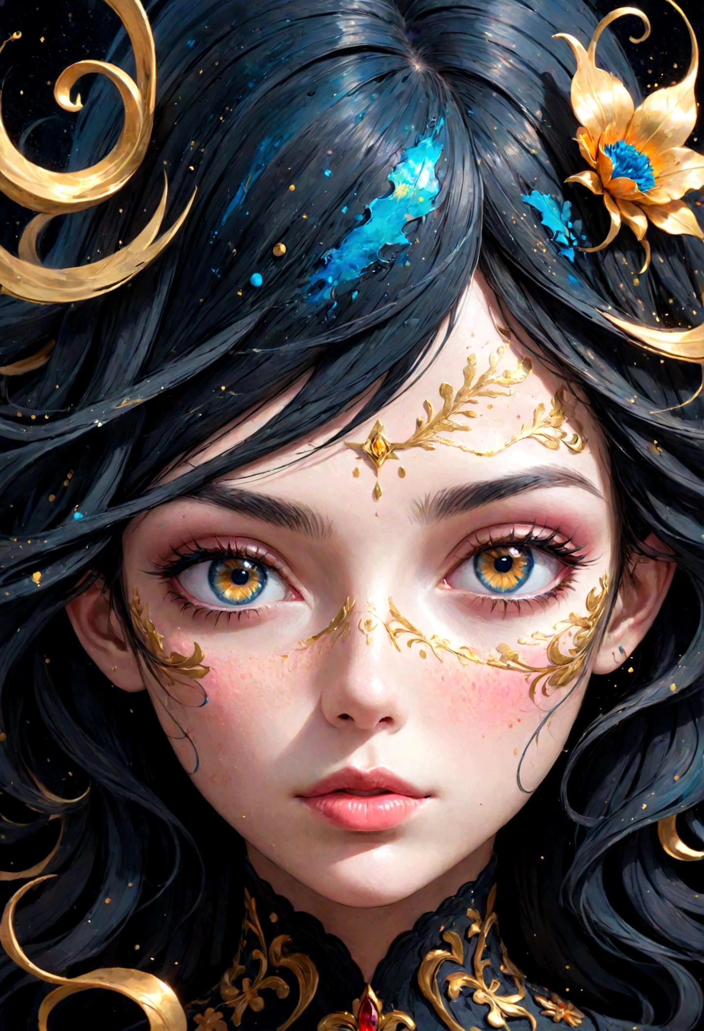 A captivating, dark fantasy portrait featuring a vibrant colorful abstract close-up of a face. The subject's eyes and lips are highlighted with gold accents, offering a serene expression. The illustration is a mix of splashes, splatters, and speckles, creating a mesmerizing texture. The face appears to be made of smoke or mist, giving it a ghostly and ethereal quality. The background is dark, emphasizing the intricate details of the subject. The composition, created by the artist Supersy, has a cinematic and elegant aesthetic, perfect for a poster or illustration., vibrant, photo, illustration, dark fantasy, cinematic, painting, poster, portrait photography
