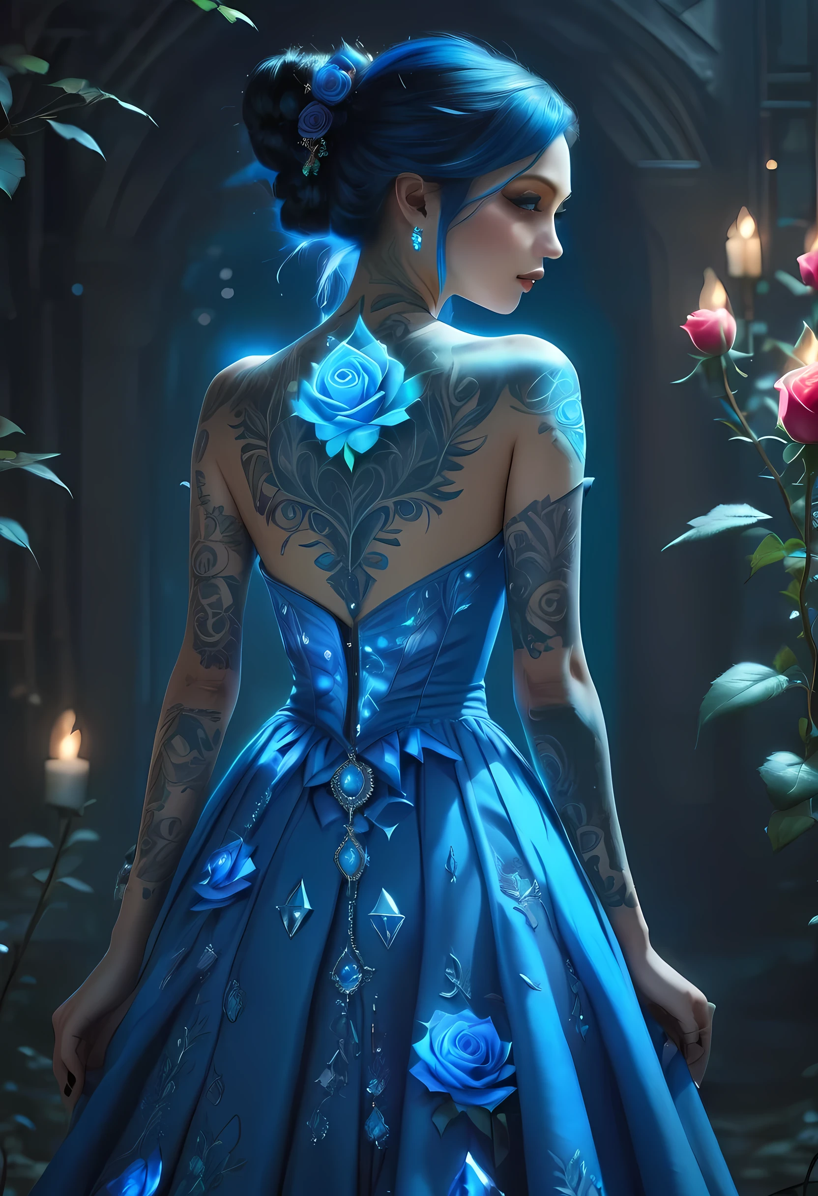 Arafed, Dark fantasy art, fantasy art, goth art, a picture of a tattoo on the back of a female elf, of  glowing tattoo of a ((blue: 1.3)) the rose tattoo is vivid, intricate detailed coming to life rose from the ink to real life, , thes, AlchemyPunkAI, shoot taken from the back, ((the back is visible: 1.3), she wears a transparent dress that the tattoos glow, crystalline dress