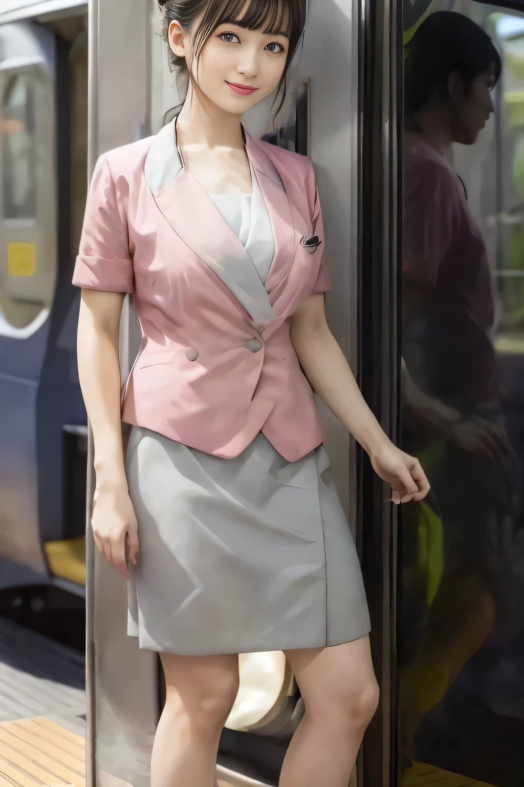 (masterpiece:1.2, highest quality:1.2), 32K HDR, High resolution, (alone、1 girl)、（At the station platform in the afternoon、Professional Lighting）、Background of an empty station platform、（Nankai train crew uniform pinkを着たリアルスタイル）、（Nankai train crew uniform pink short sleeve pink jacket、Nankai Train Crew Uniform Pink Collarless Short Sleeve Blouse、Nankai Train crew uniform pinkのグレー色のキュロットスカート）、Scarf around the neck、Dark brown hair、（Hair tied up、Hair Bun、Hair Bun）、Dark brown hair、Long Shot、Big Breasts、Thin legs、（（Great hands：2.0）），（（Harmonious body proportions：1.5）），（（Normal limbs：2.0）），（（Normal finger：2.0）），（（Delicate eyes：2.0）），（（Normal eyes：2.0））)、smile、（Nankai Train crew uniform pinkのグレー色のキュロットスカートを見せた美しい立ち姿）、Operating the door、I have nothing in my hands