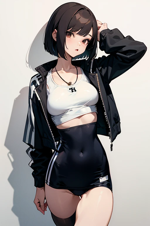 Brown short bob、School swimsuit with white line design、Wearing a tracksuit jacket、Black Stockings、necklace、tits、slender、