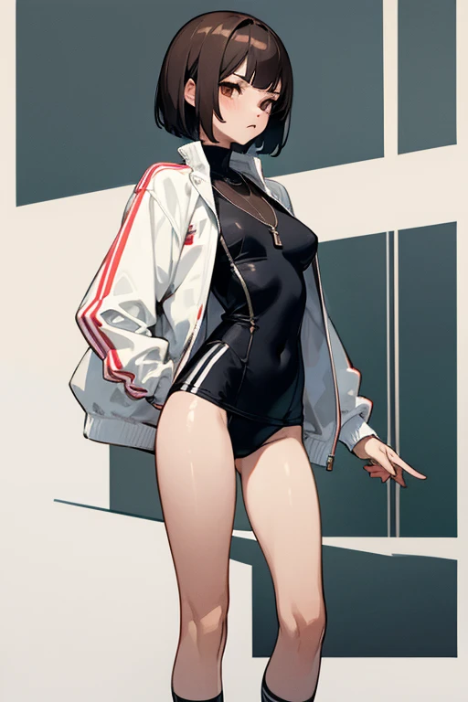 Brown short bob、School swimsuit with white line design、Wearing a tracksuit jacket、Black Stockings、necklace、tits、slender、