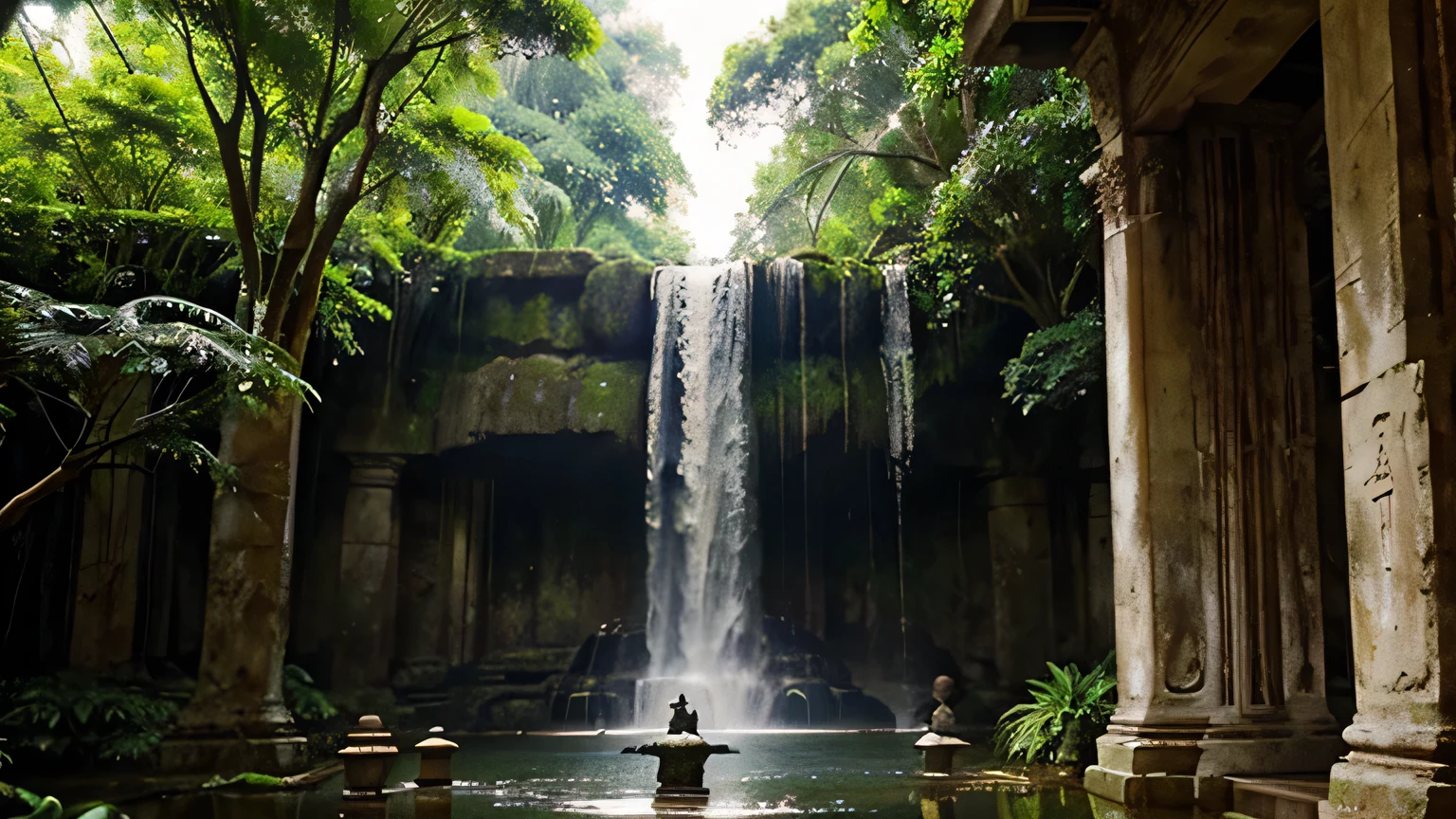 Damp Jungle、、waterfall、Thick banyan tree、Egyptian ancient ruins、Hanging Garden、mysterious、Egyptian Buddha Statue