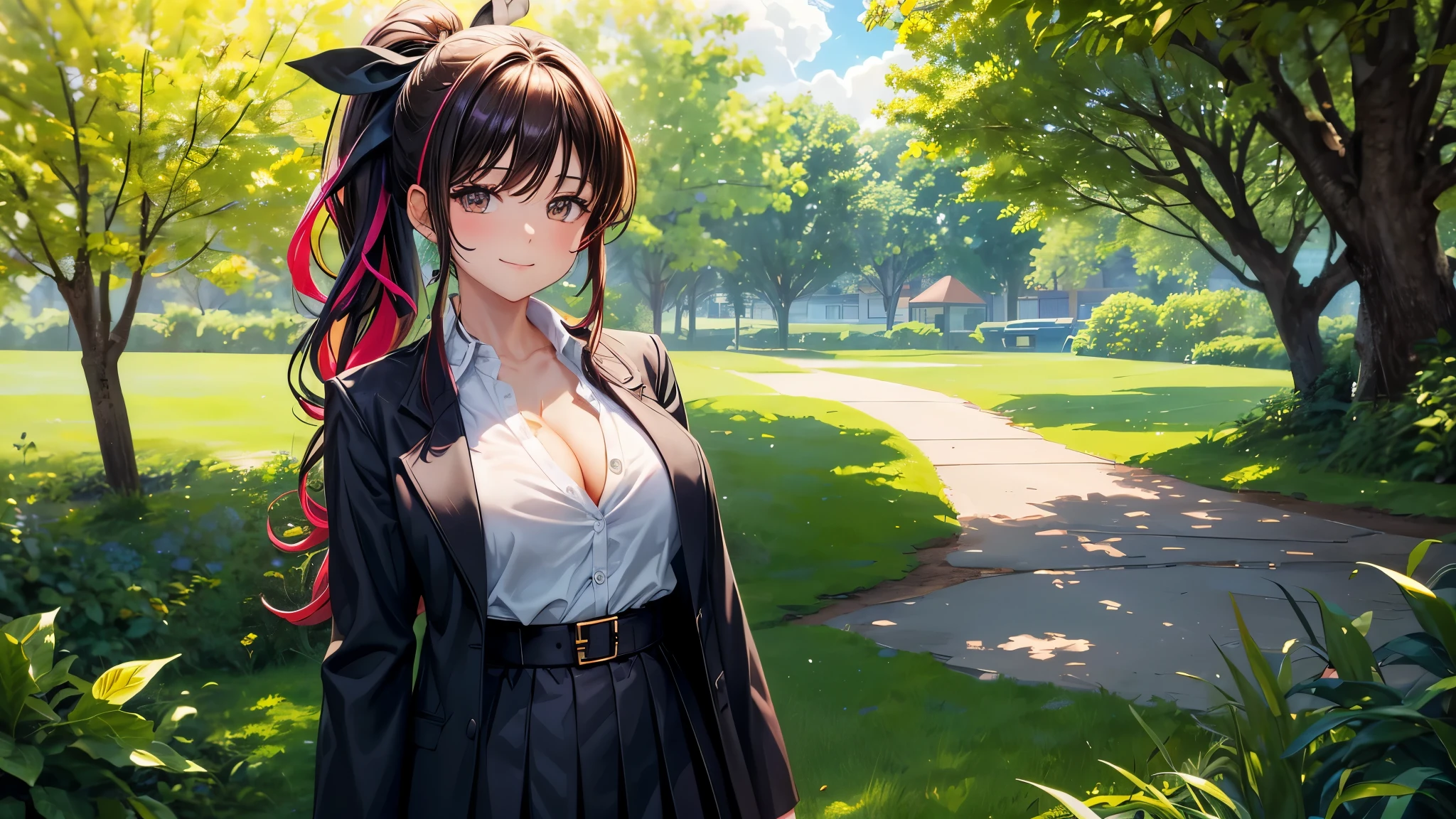 1girl, solo, summer, village, trees, sun, clouds, ((colorful hair)), long hair, curly hair, ponytail, large breasts, ((black blazer)), button down shirt, ((white shirt)), ((short sleeved shirt)), ((unbuttoned shirt)), unbuttoning buttons, cleavage 1:3, brown eyes, skirt, smile, looking at the viewer, standing, touching neck, hair ribbon, golden necklate