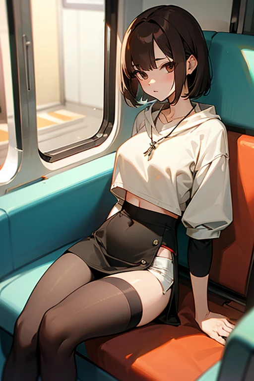 Brown short bob、Short sleeved white hoodie、Belly button、Flared sleeves、Tight Skirt、Black Stockings、necklace、sitting in a train seat、tits、slender、