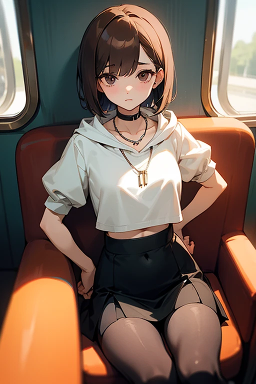 Brown short bob、Short sleeved white hoodie、Flared sleeves、Tight Skirt、Black Stockings、necklace、sitting in a train seat、tits、slender、