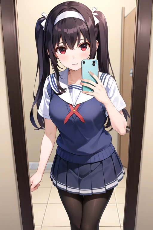 masterpiece, best quality, highres, aautaha, llong twintails hair, black hair, hairband, , lift skirt:1.3, sailor collar, sweater vest, blue sweater, white shirt, short sleeves, pleated skirt, blue skirt, (black pantyhose:1.2), selfie in mirror, bathroom,