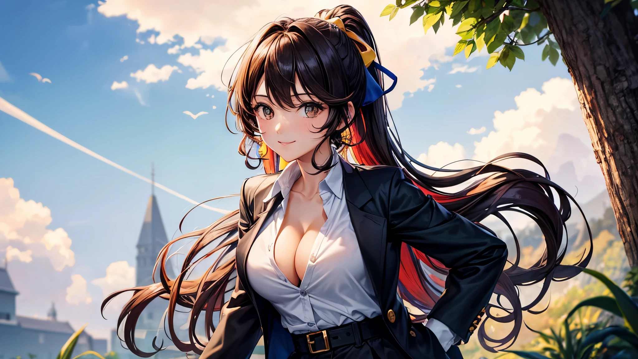 1girl, solo, summer, village, trees, sun, clouds, ((colorful hair)), long hair, curly hair, ponytail, large breasts, ((black blazer)), button down shirt, ((white shirt)), ((short sleeved shirt)), ((unbuttoned shirt)), unbuttoning buttons, cleavage 1:3, brown eyes, skirt, smile, looking at the viewer, standing, touching neck, hair ribbon, golden necklate