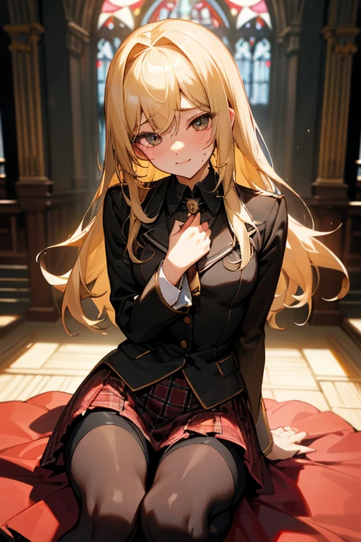 High School Girl Blazer、 uniform、Red checked knee-length skirt、Long skirt、JK Style、Jacket、smile、Knee-high socks、Thigh-high socks、pantyhose、Great beauty、very cute、Stagnation、Rare beauty、Black dark eyeshadow、sad、Good skin radiance、Straightening iron for long hair、Dark Gothic Makeup、暗いsmile、The beauty of fragrance、Stained Glass Background、masterpiece、highest quality、View 5 books、Sweat glistening on my chest、Sweat glistening on the face、Small breasts、blonde、Year: 22、Slightly slim、Mysterious look、Sad look、Blonde、mysterious gothic church、enchanting castle、Sweating profusely all over the body、Lots of sweat on my thighs、light、Shiny thighs、Sweat is glistening on my thighs、A large amount of sweat shines on your thighs、Sweating profusely、Gal、Small breasts、The Face of Japan、Captivating look、Thin thighs、I'play the guitar、I have a guitar、Sing a song enthusiastically、I'play the guitar in a band、I'play the guitar chords、Live venue background、Sing a song、Open your mouth、Live house scenery、Mike stand、Glamorous live stage、Dynamic Angle、Platform boots、Are standing、