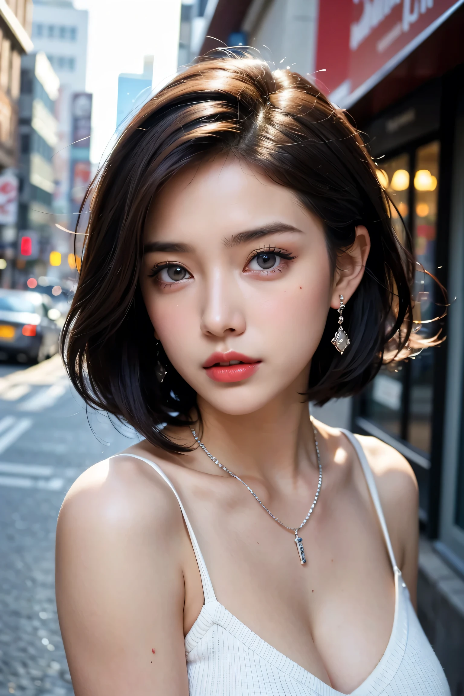 Beautiful college girl in the city, masterpiece, light makeup, red lips, silver hair, messy short cut, city background, beautiful, elegant. Very fine details, masterworks, authentic texture, cinematic lighting realism, perfect work, 16k, high resolution, exquisite features, blue eyes, Japanese idol, beautiful face, sad, crying, tears, brown hair, beautiful hair, attractive, big breasts, erect nipples, greasy muscles, shiny skin, tanned skin, shiny black skin, sexy knit sweater, bright big eyes, smooth skin, earrings, necklace, tattoo