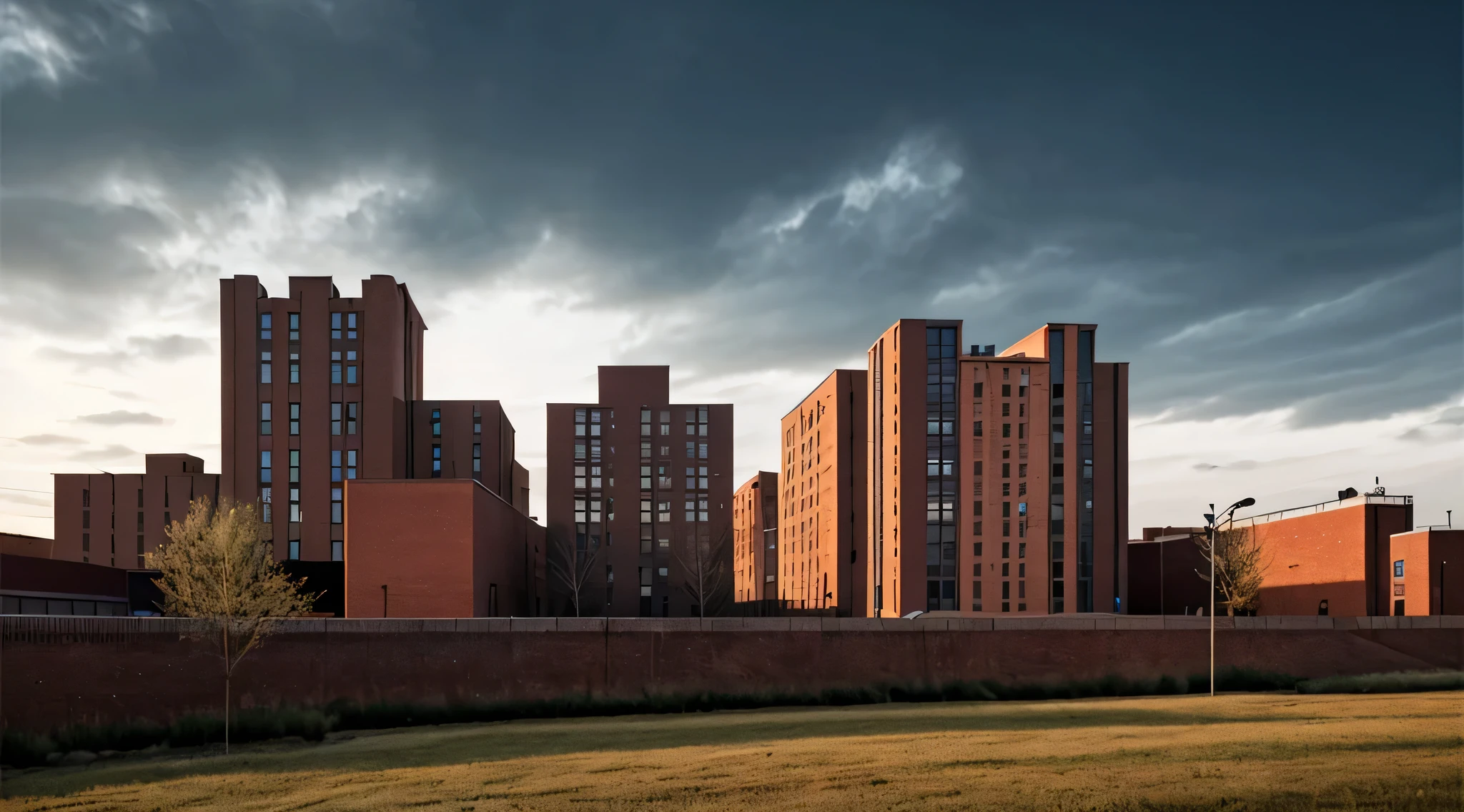 Match the sky with the background image. brick buildings. industrial area