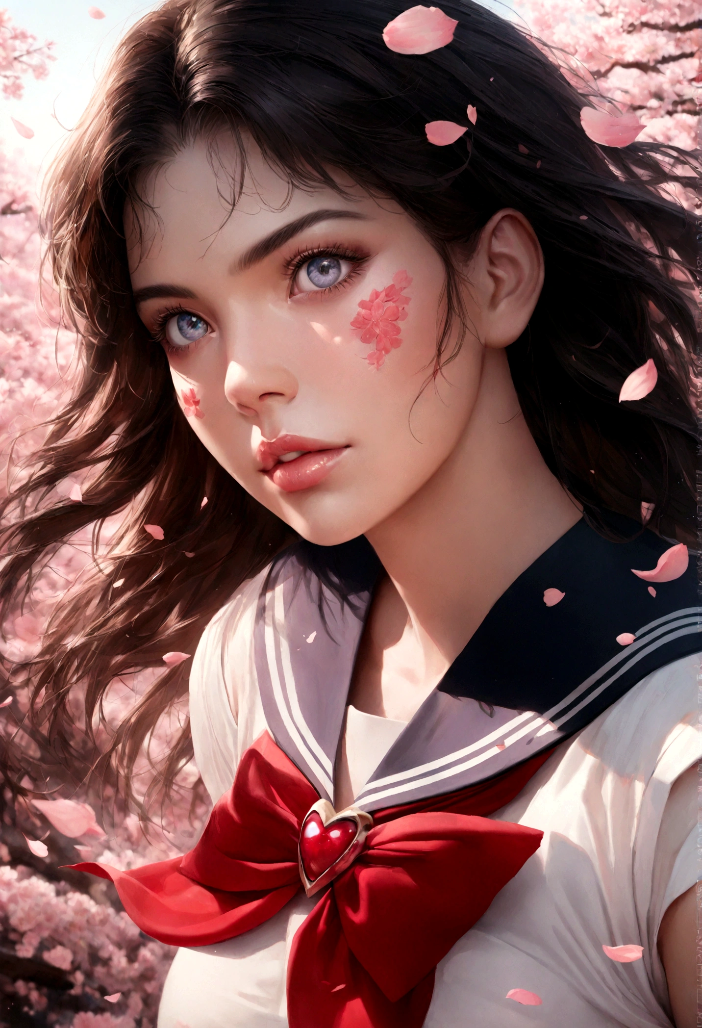 1girl, sailor mars, bishoujo senshi sailor moon, extremely detailed facial features, beautiful detailed eyes, beautiful detailed lips, long eyelashes, beautiful detailed sailor uniform, dynamic pose, sakura petals, cherry blossoms, detailed background, highly detailed, hyper-realistic, 8k, photorealistic, masterpiece, vibrant colors, warm lighting, cinematic composition