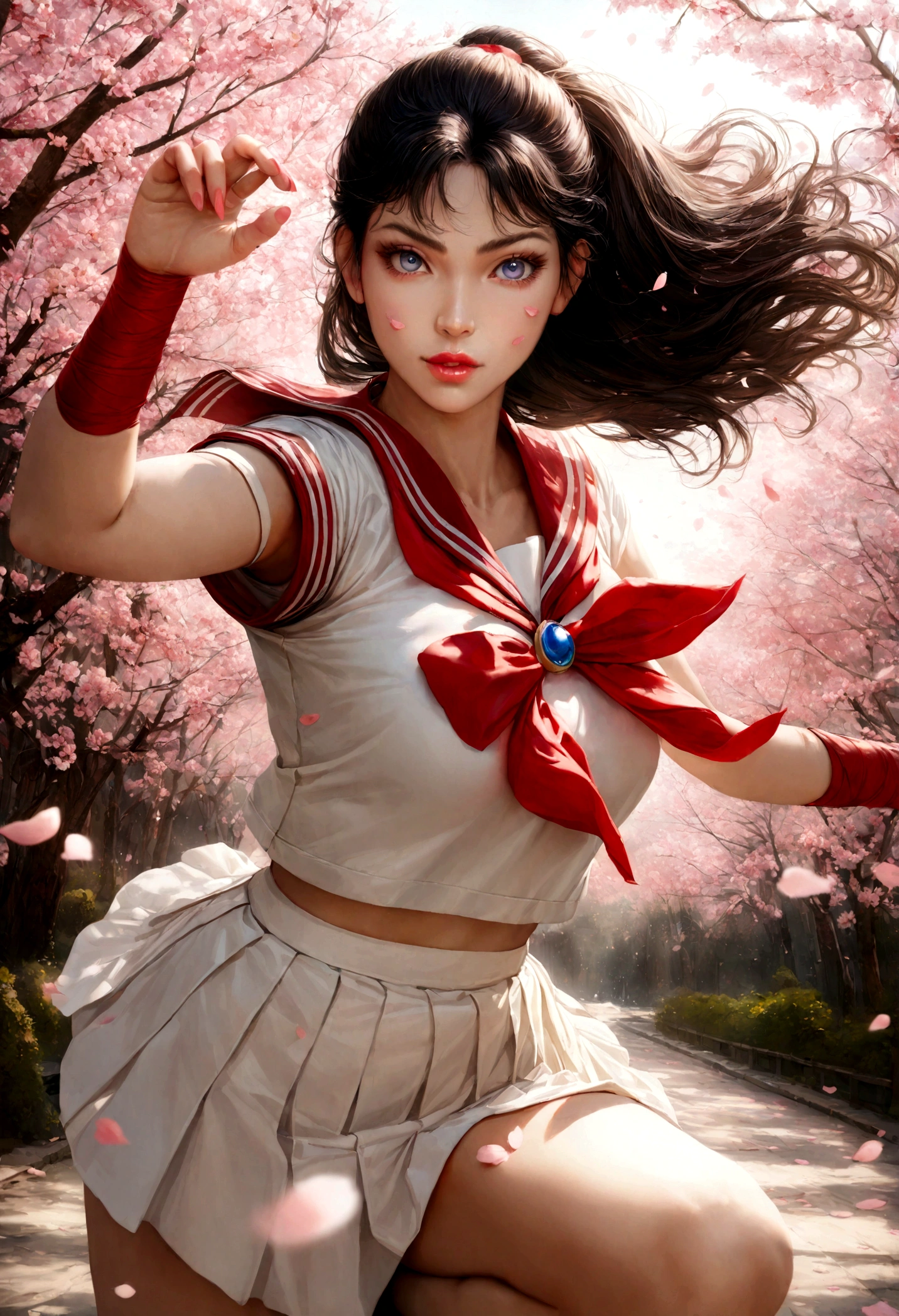 1girl, sailor mars, bishoujo senshi sailor moon, extremely detailed facial features, beautiful detailed eyes, beautiful detailed lips, long eyelashes, beautiful detailed sailor uniform, dynamic pose, sakura petals, cherry blossoms, detailed background, highly detailed, hyper-realistic, 8k, photorealistic, masterpiece, vibrant colors, warm lighting, cinematic composition