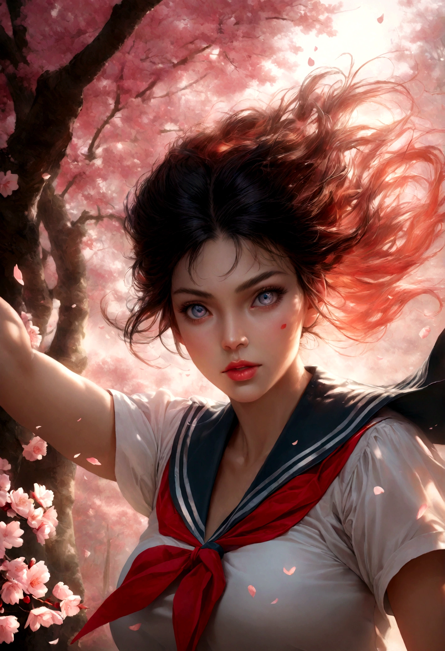 1girl, sailor mars, bishoujo senshi sailor moon, extremely detailed facial features, beautiful detailed eyes, beautiful detailed lips, long eyelashes, beautiful detailed sailor uniform, dynamic pose, sakura petals, cherry blossoms, detailed background, highly detailed, hyper-realistic, 8k, photorealistic, masterpiece, vibrant colors, warm lighting, cinematic composition