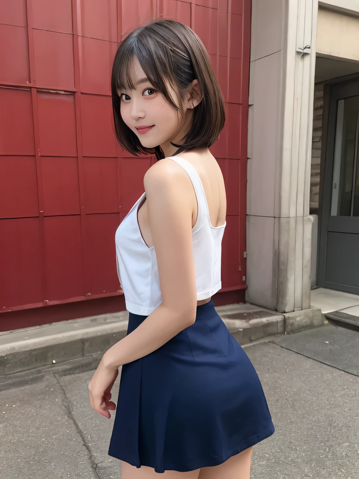 In detail,Full body photo、One high school girl、High resolution, high quality、Slim body、Shapely small breasts、Perfect dynamic composition, Beautiful fine details, Short Hair、Natural color lip,Kamimei、15-year-old girl、Clear Skin、Sleeveless white sailor suit、Navy blue mini skirt、Thighs、Shiny Hair、最high quality, figure, Very detailed, In detail, High resolution, 8k、The correct state of the human body、Sculpture model pose，Red Wall,Looking at the viewer with his back turned、Thighs are visible、smile、