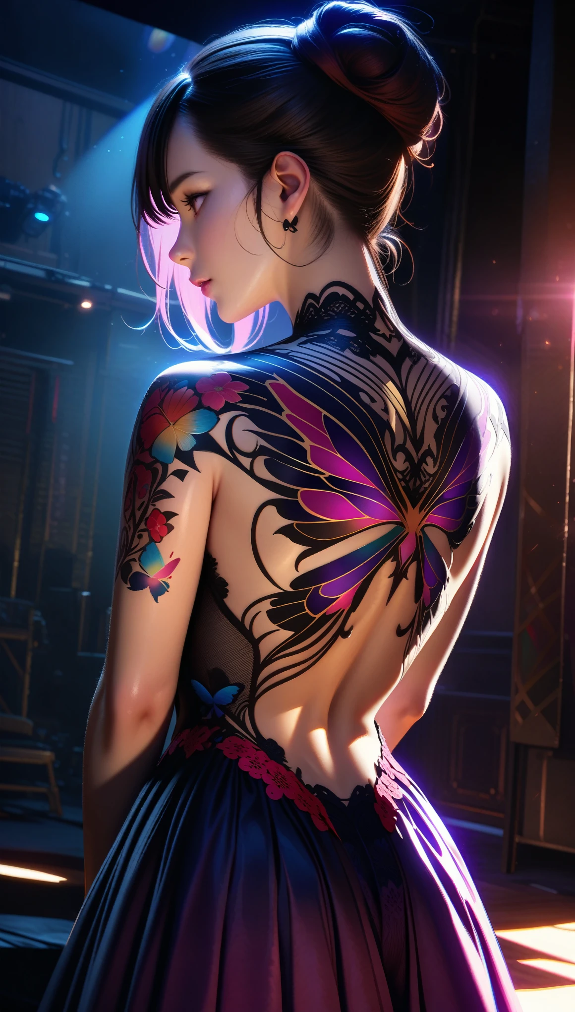 (High-res, masterpiece), ultra-detailed, (HDR), A detailed tattoo on the back of a woman, a butterfly wings tattoo design, colorful tattoo, intricate linework, beautiful dark ink, elegant floral pattern, pale skin, detailed anatomy, smooth skin, dramatic lighting, cinematic atmosphere, photorealistic,studio lighting,vivid colors,dramatic shadows,moody lighting