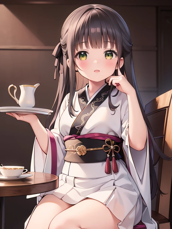 masterpiece, highest quality, Very detailed, 16k, Ultra-high resolution, Cowboy Shot, Detailed face, Perfect Fingers, 18-year-old female,  Inside the sweet shop, Cute kimono-like outfit, table, Chair, Carry dishes, lora:chiya_v3:1