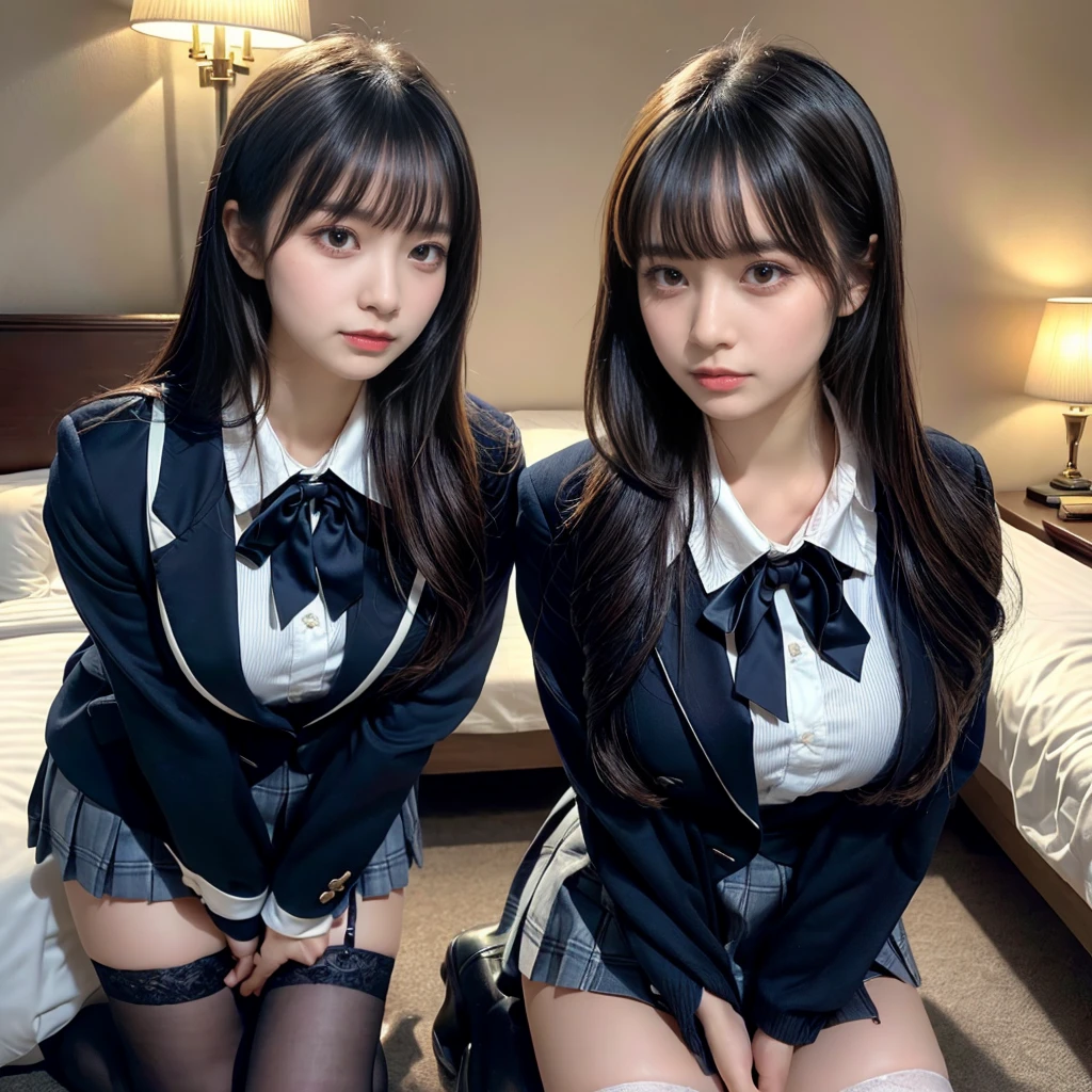 masterpiece, best quality, illustration, Super detailed, fine details, High resolution, 8K,wall paper, perfect dynamic composition,(Details High quality, realistic depiction of eyes:1.3), (3 girls), japanese,3 schoolgirls,The background is a luxury hotel room、High school girl uniform、blazer 、Super Short Check Uniform Skirt、Navy blue high socks、Colossal tits、Disturbed uniform,  short bob hair, black hair color, huge breasts, very huge round breasts, Beautiful makeup, glitter makeup, Big Natural Color Lip, perfect body shape, crying a little、cold gaze, 20 year old girl、 beautiful legs, hposing Gravure Idol, Voluptuous thighs, ((Realistic lighting,during daytime,The background is a luxury hotel room,A detailed face,finerly detailed face,Beautiful face,an ecstatic look on one's face,Perfect fingers,Accurate 5 fingers,high-definition RAW color photography, professional photograpy, extremely delicate and beautiful, Extremely detailed,finely detail, Huge file size,Top image quality,8K))