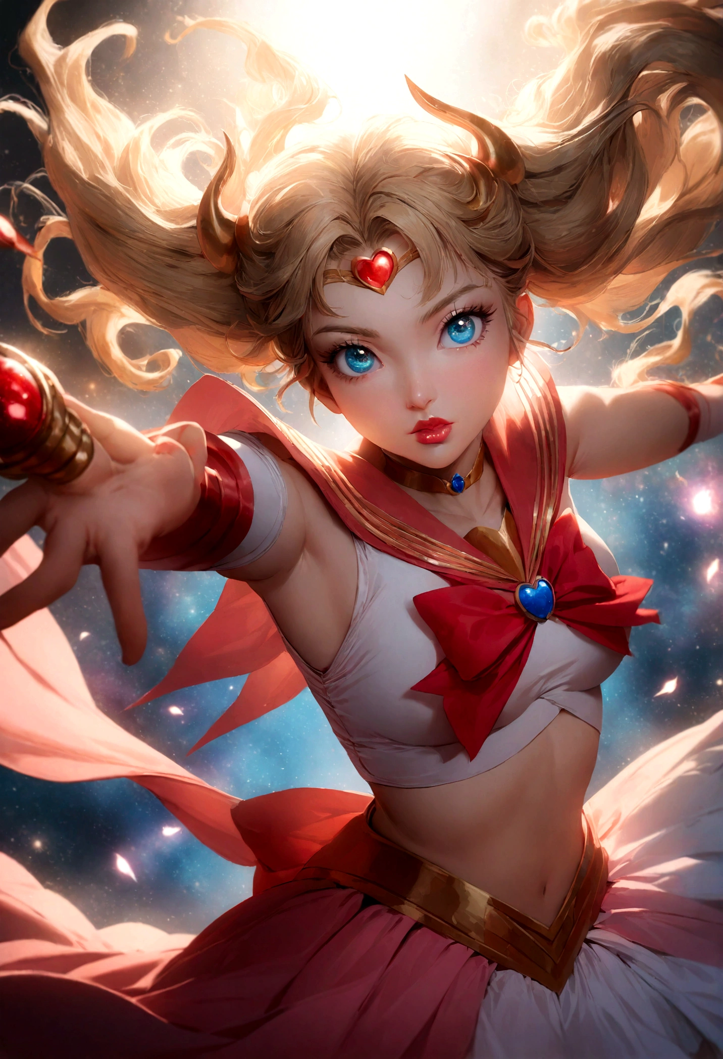 1girl, sailor venus, bishoujo senshi sailor moon, beautiful detailed eyes, beautiful detailed lips, extremely detailed face, long eyelashes, elegant sailor uniform, wand, magical girl, fantasy, dynamic pose, glowing, ethereal lighting, vibrant colors, cinematic lighting, digital art, highly detailed, masterpiece