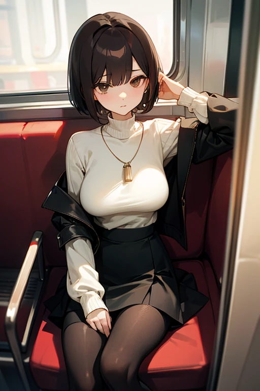 Brown short bob、White sweater、Black jacket、Flared sleeves、Tight Skirt、Black Stockings、necklace、sitting in a train seat、tits、slender、