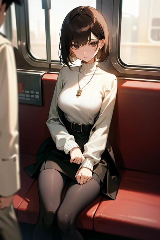 Brown short bob、White sweater、Black jacket、Flared sleeves、Tight Skirt、Black Stockings、necklace、sitting in a train seat、tits、slender、