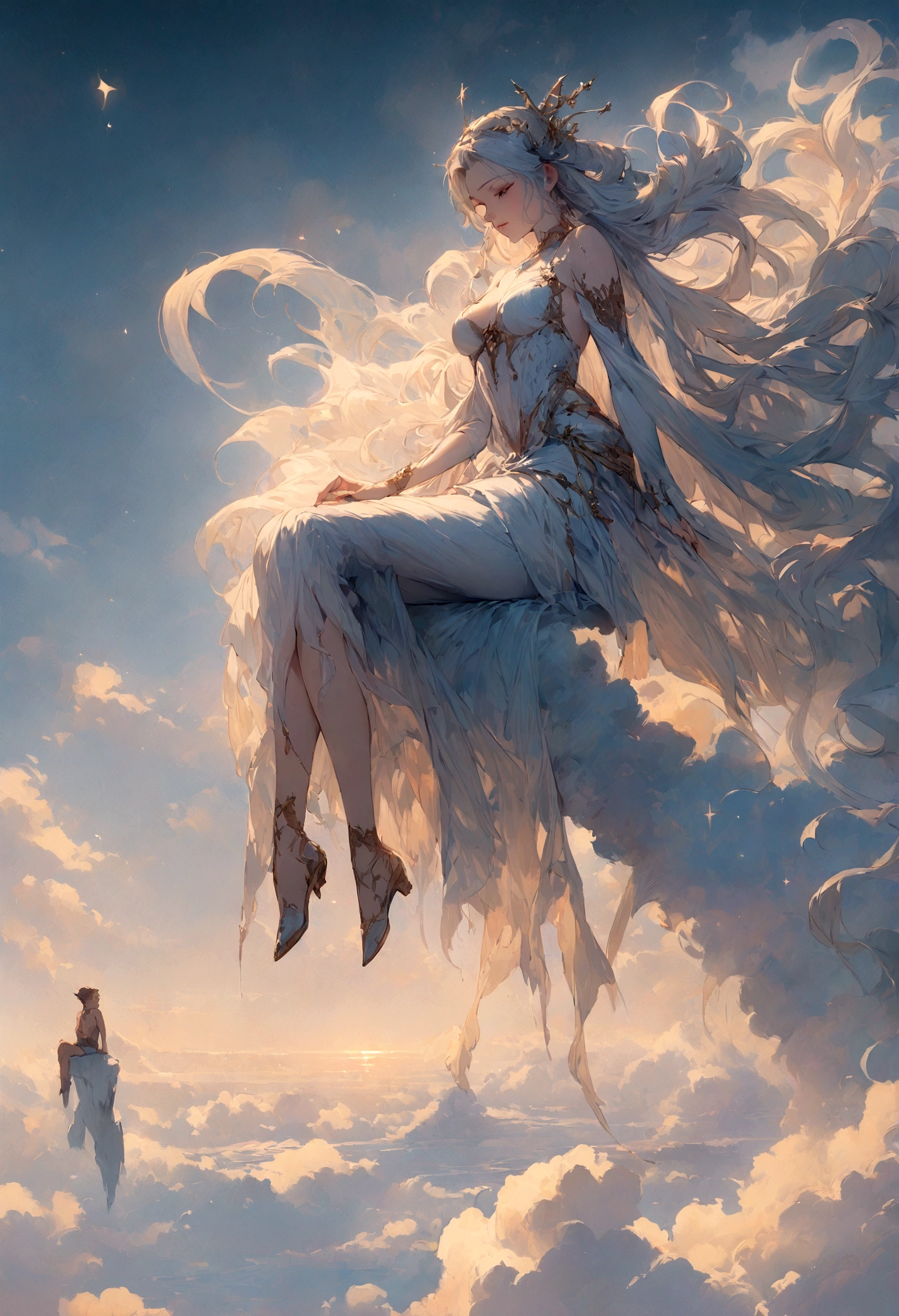 (best quality)), ((masterpiece)), (detailed), alluring boy, ethereal beauty, perched on a cloud, (fantasy illustration:1.3),