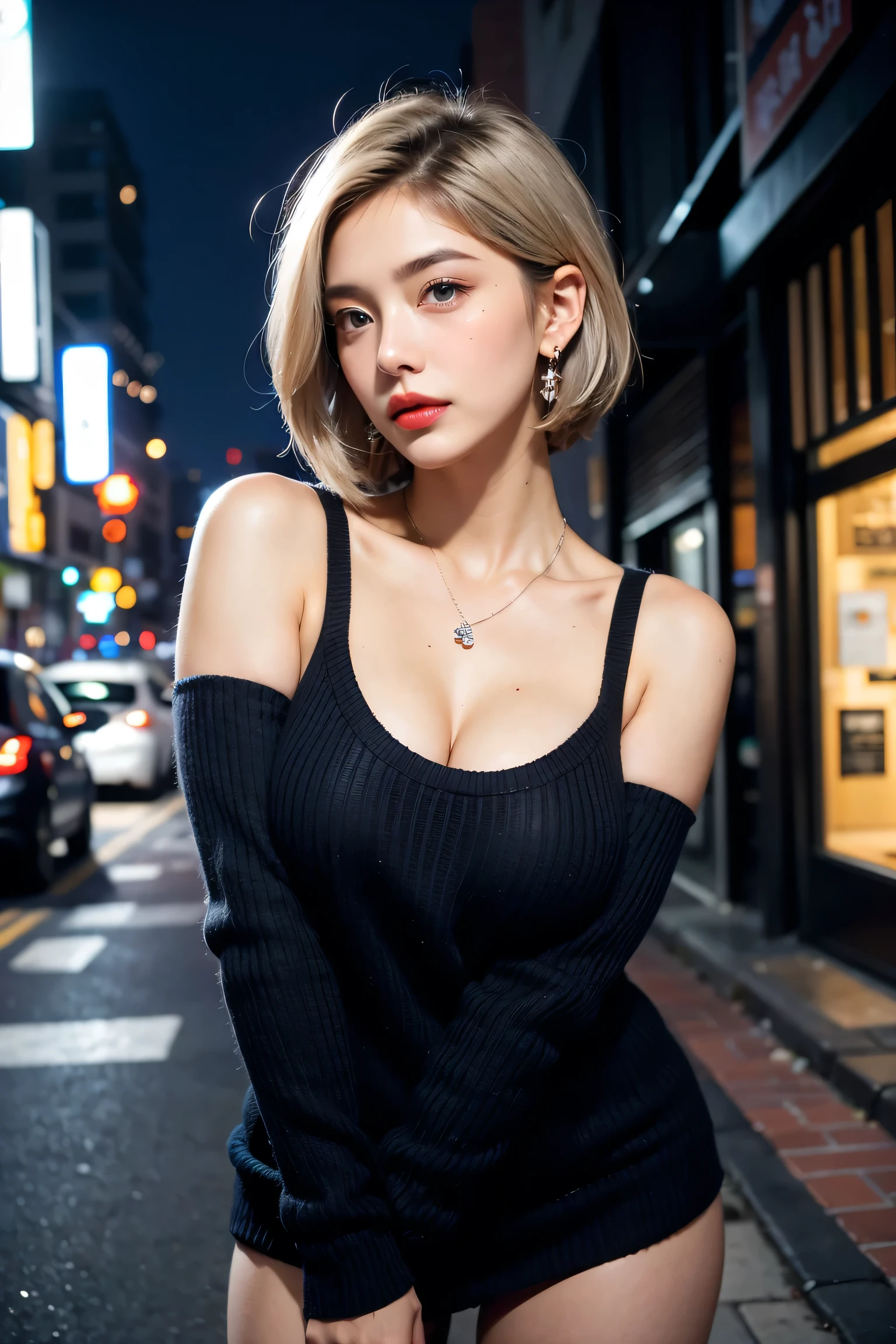 Beautiful college girl in the city, masterpiece, light makeup, red lips, silver hair, messy short cut, city background, beautiful, elegant. Very fine details, masterworks, authentic texture, cinematic lighting realism, perfect work, 16k, high resolution, exquisite features, blue eyes, Japanese idol, beautiful face, sad, crying, tears, brown hair, beautiful hair, attractive, big breasts, erect nipples, greasy muscles, shiny skin, tanned skin, shiny black skin, sexy knit sweater, bright big eyes, smooth skin, earrings, necklace, tattoo