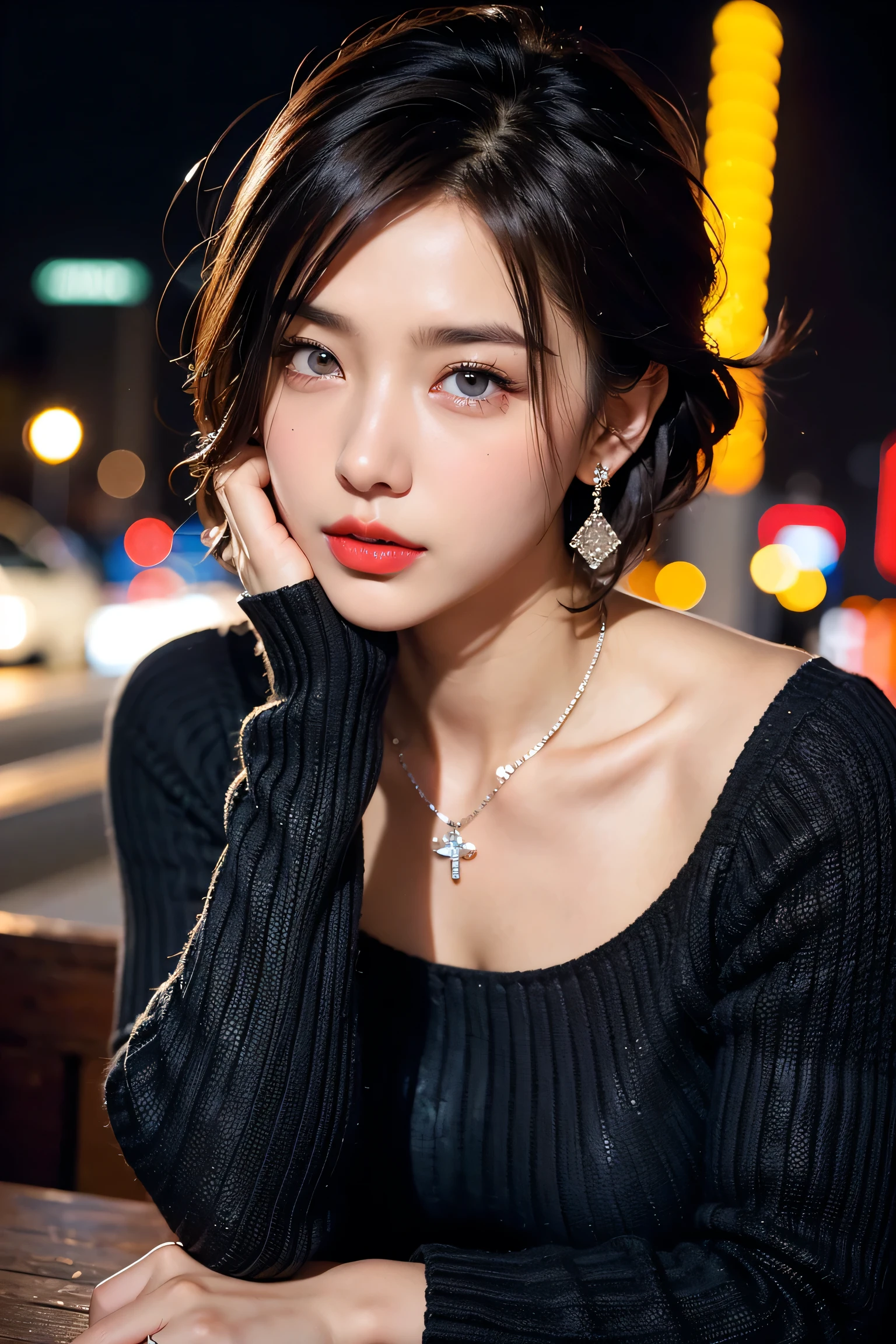 Beautiful college girl in the city, masterpiece, light makeup, red lips, silver hair, messy short cut, city background, beautiful, elegant. Very fine details, masterworks, authentic texture, cinematic lighting realism, perfect work, 16k, high resolution, exquisite features, blue eyes, Japanese idol, beautiful face, sad, crying, brown hair, beautiful hair, attractive, big boobs, erect nipples, greasy muscles, shiny skin, tanned skin, shiny black skin, sexy knit sweater, bright big eyes, smooth skin, earrings, necklace, tattoo