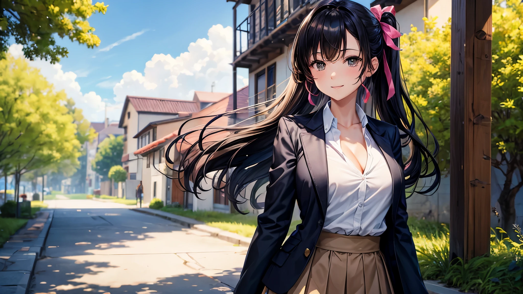 1girl, solo, summer, village, trees, sun, clouds, ((colorful hair)), long hair, curly hair, ponytail, large breasts, ((black blazer)), button down shirt, ((white shirt)), ((short sleeved shirt)), ((unbuttoned shirt)), unbuttoning buttons, cleavage 1:3, brown eyes, skirt, smile, looking at the viewer, standing, touching neck, hair ribbon, golden necklate