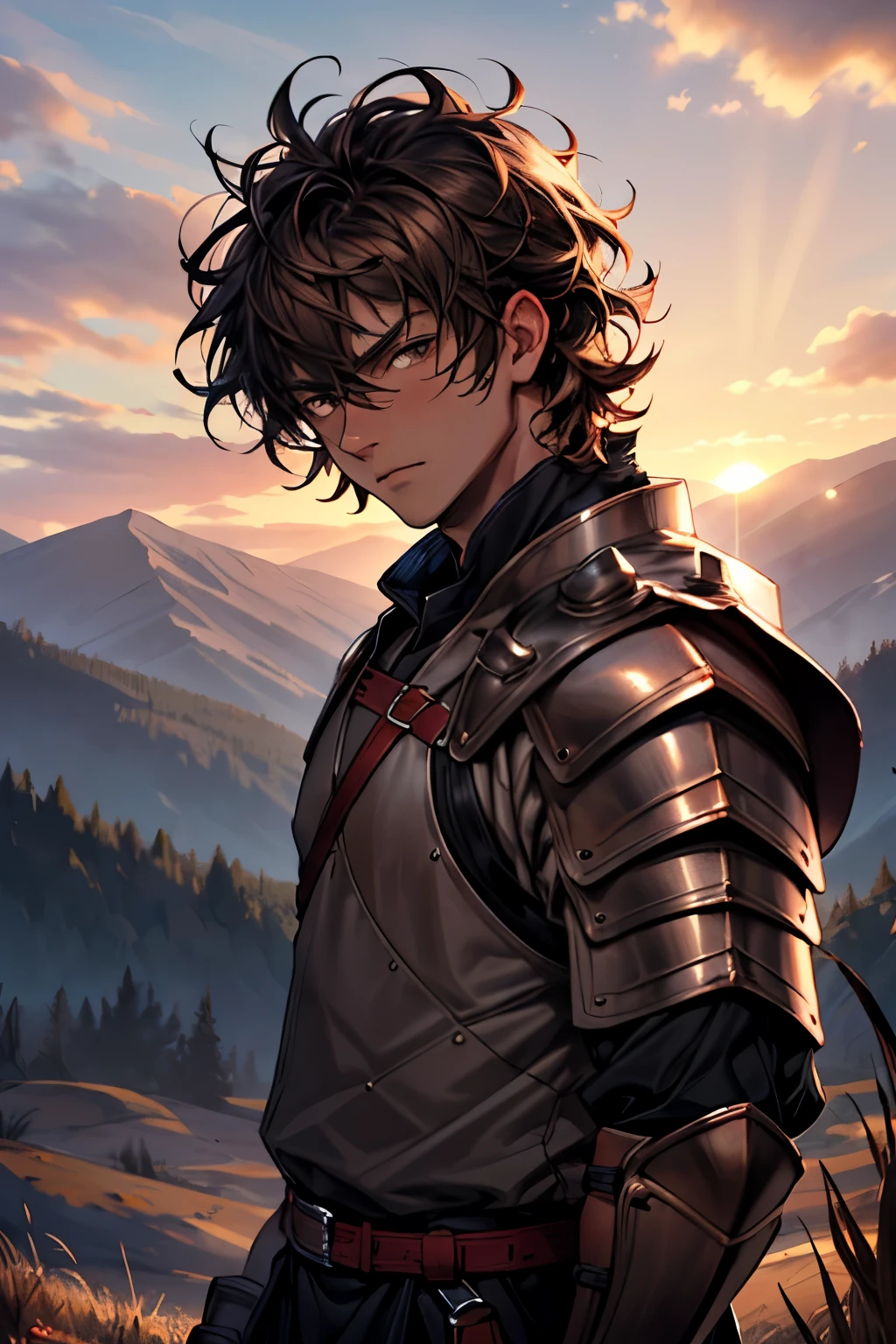 one male, 20 years old, medieval armor, masculine, adult || mixed race, copper skin tone, curly hair, rough hair, messy hair, black hair, brown colored eyes, tired eyes, || looking at camera, tired expression, sunset valley of mountains in background