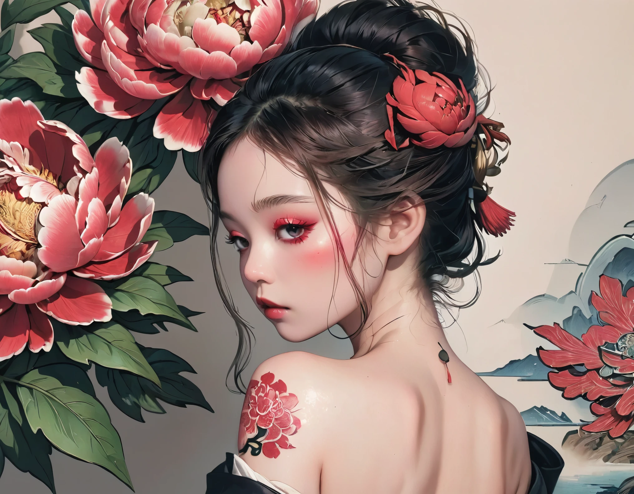 Japan woman in black kimono、Expose the right shoulder、((A stunning red peony tattoo across the back:1.9))、(Close up of a red peony tattoo)、Background with a bright red peony design、masterpiece、Hyperrealistic、8k、Photorealistic、Detailed portrait、Intricate details、Dramatic lighting、Bright colors、Refined and elegant aesthetics、Traditional Japan style