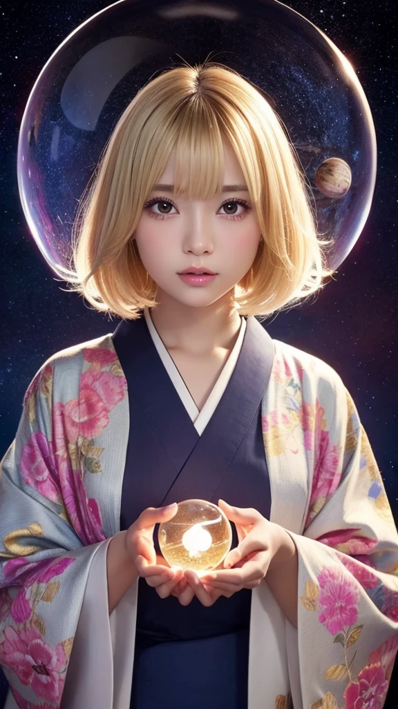 god、girl、kimono、Bob Hair、Blonde、Space、Second dimension beautiful girl、Holding a crystal ball、god秘的