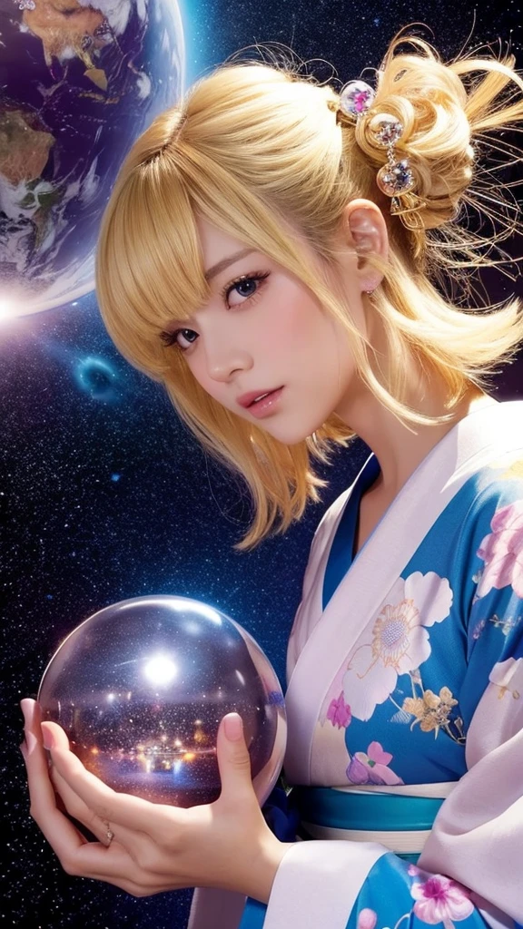 god､girl､kimono､Bob Hair､Blonde､Space､Second dimension beautiful girl､Holding a crystal ball､god秘的