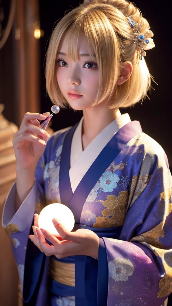 god、girl、kimono、Bob Hair、Blonde、Space、Second dimension beautiful girl、Holding a crystal ball、god秘的
