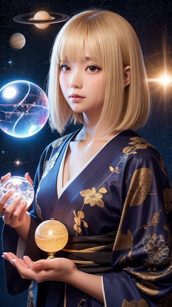 god、girl、kimono、Bob Hair、Blonde、Space、Second dimension beautiful girl、Holding a crystal ball