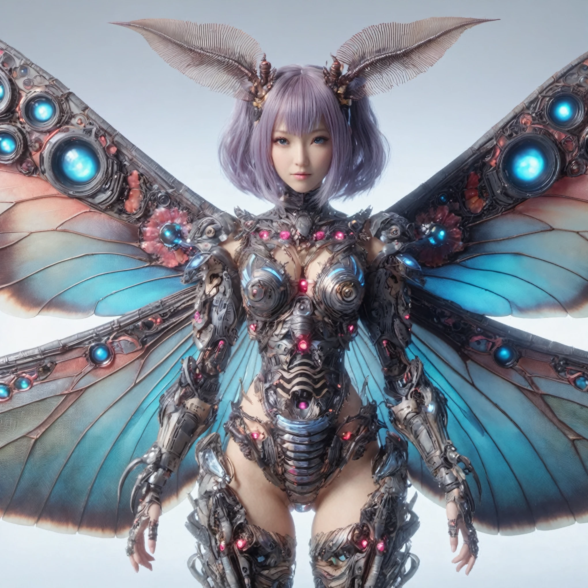 (top-quality:1.2, masterpiece), ultra high res,(Photorealsitic:1.4), (cockroach-like bio insect suit:1.3), heavy weapons,large wings, vivid textures,insect legs, pink hair, glowy skin, japanese girl beautiful face, ((super realistic intricate details)), full body shot, globalillumination, octan render, ultrasharp, character edge light, Details of complex ornaments, Acrylic Clear Cover, Hydraulic cylinder