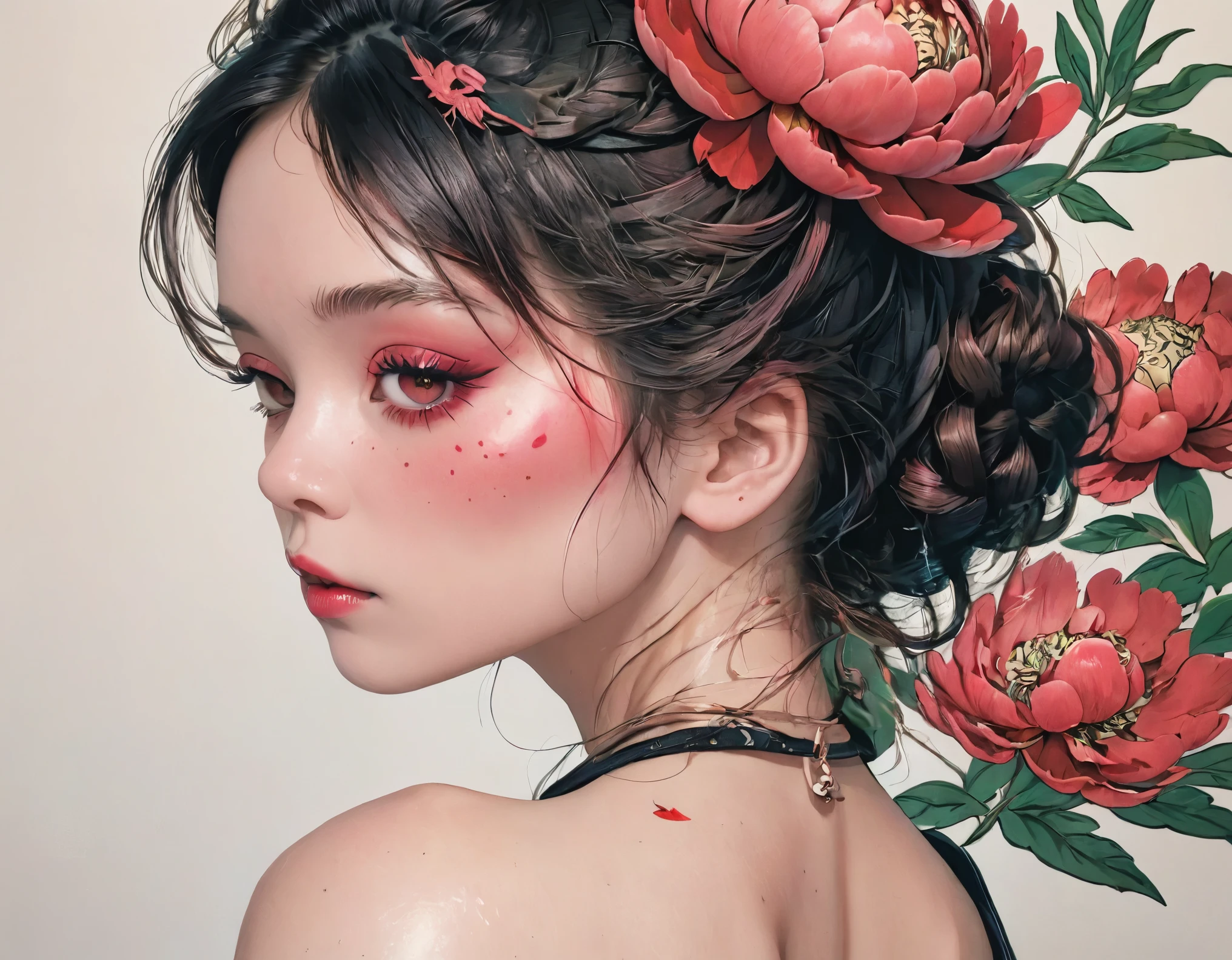 ((A stunning red peony tattoo across the back:1.9))、A woman in a black kimono exposes her back、（Close up of a red peony tattoo）、Background with a bright red peony design、masterpiece、Hyperrealistic、8k、Photorealistic、Detailed portrait、Intricate details、Dramatic lighting、Bright colors、Refined and elegant aesthetics、Traditional Japan style