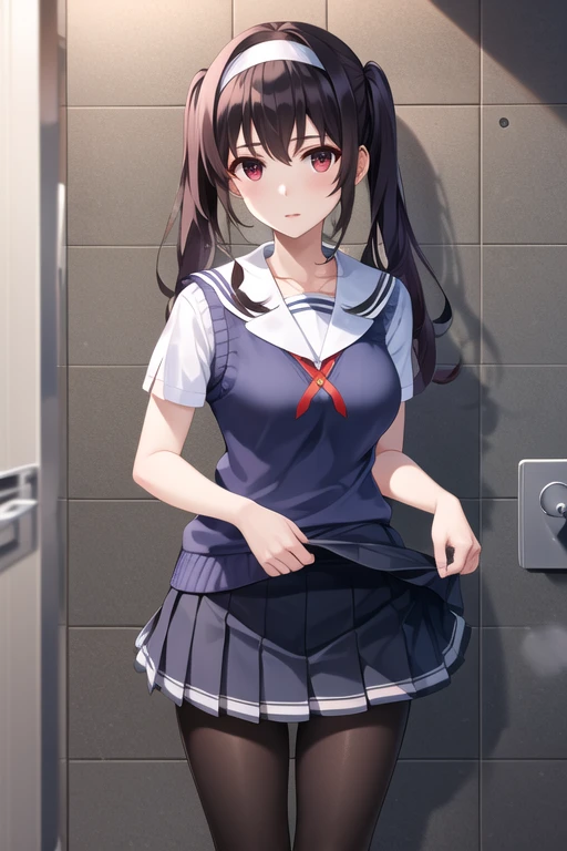 masterpiece, best quality, highres, aautaha, llong twintails hair, black hair, hairband, , lift skirt:1.3, sailor collar, sweater vest, blue sweater, white shirt, short sleeves, pleated skirt, blue skirt, (black pantyhose:1.2), bathroom,